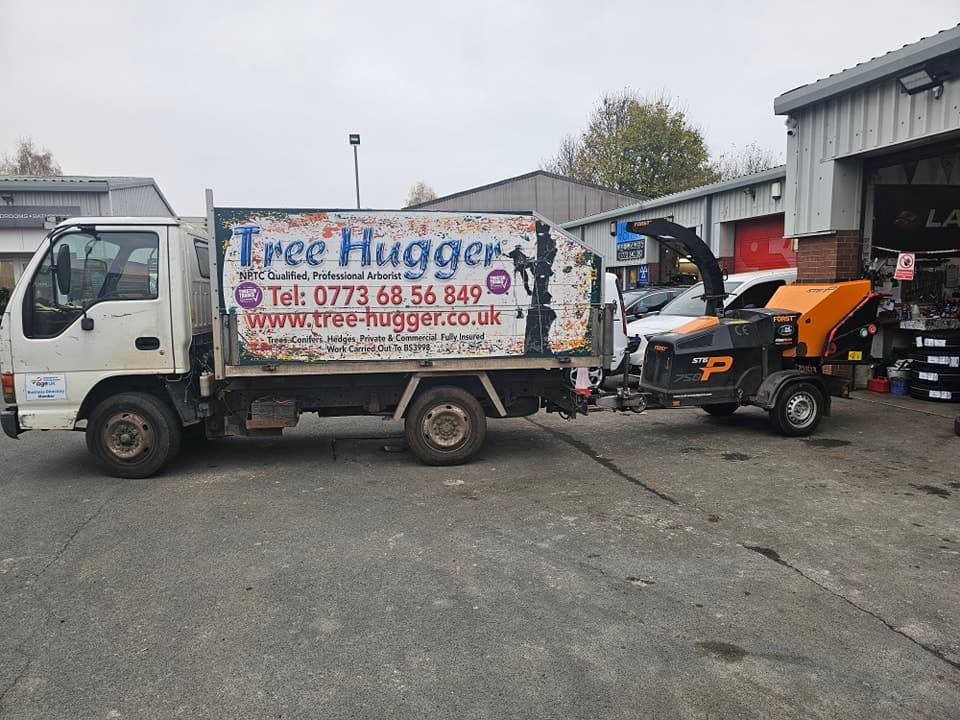 Branded Tree Hugger truck and stump grinder on site
